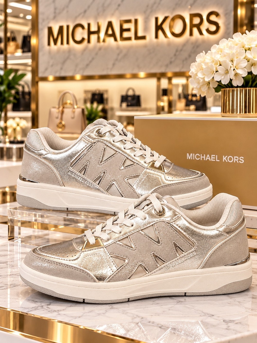 Michael Kors Rebel Metallic Silver Leather Sneakers Women's 10M NIB - Picture 3 of 14